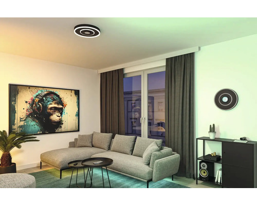 Modernt vardagsrum med rund taklampa, hörnsoffa och apa bild