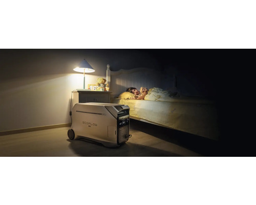 Rumsutsikt med barn i sängen och EcoFlow Powerstation för strömförsörjning