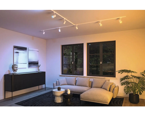 Modernt vardagsrum med skensystembelysning, soffa, byrå och dekoration