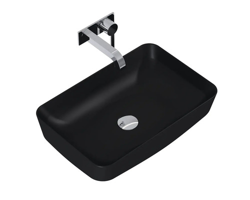 Rektangulär, svart tvättställsskål med blandare