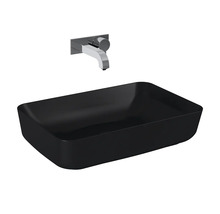 Svart tvättställsskål med väggmonterad blandare