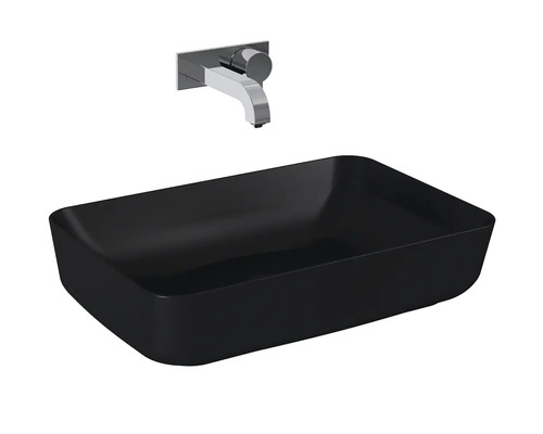 Svart tvättställsskål med väggmonterad blandare