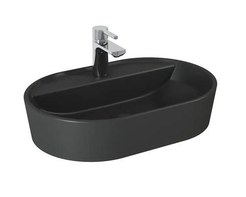 Svart tvättställ med kromarmatur