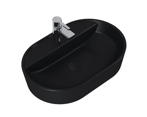 Svart tvättställsskål med kromarmatur