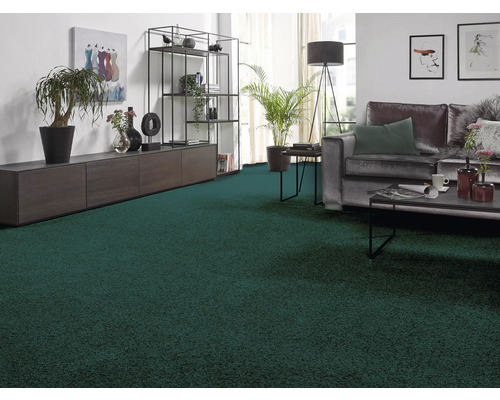 Vardagsrum med soffa, soffbord, hylla och mörkgrön heltäckningsmatta.