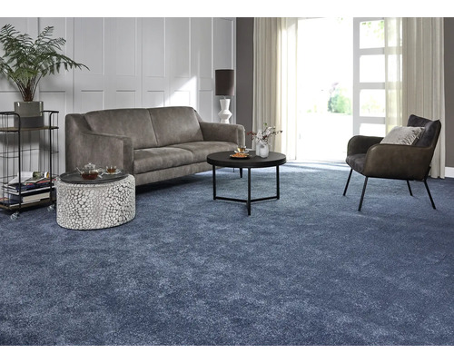 Vardagsrum med soffa, fåtölj, soffbord och blå matta