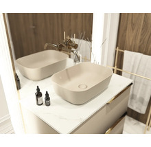 Badrumsmöbel med två tvättställsskålar och blandare