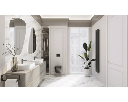 Ljust badrum med dubbla handfat, speglar, toalett, element och krukväxt