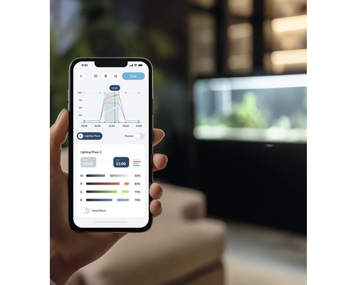 En smarttelefon visar en app för att styra akvariumbelysning med diagram och inställningar.