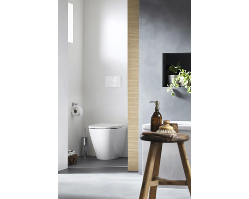 Modernt badrum med toalett, spolknapp och badrumspall