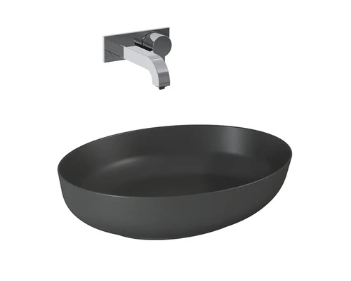 Svart tvättställsskål med väggarmatur