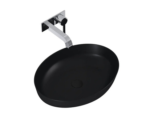 Svart tvättställsskål med väggmonterad blandare