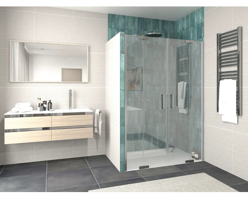 Modernt badrum med duschkabin, tvättställ och handdukstork