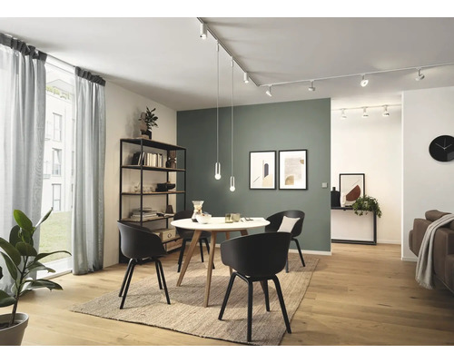 Modernt matrum med matbord, stolar, hyllor och skensystem med spotlights