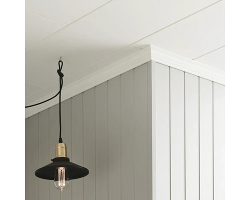 Interiör med panel i taket, väggbeklädnad och hängande lampa