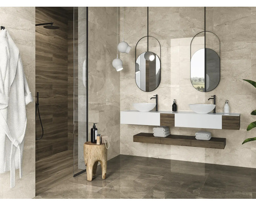 Modernt badrum med duschkabin, tvättställ med dubbla handfat och speglar