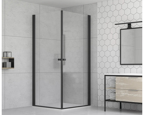 Hörndusch med svart ram i badrum