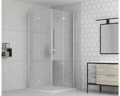 Hörndusch i glas i ett modernt badrum