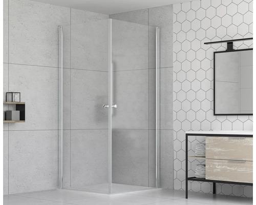 Hörndusch med klara glasväggar i badrum