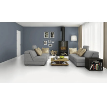 Ljust vardagsrum med grå soffor, öppen spis och trä