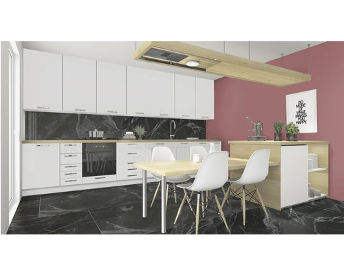 Modernt kök med vita skåp, matbord och marmorgolv