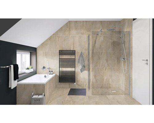 Badrum med badkar, dusch och radiator