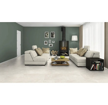 Vardagsrum med sittgrupp, kamin, soffbord och keramiska golvplattor.