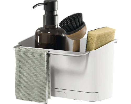 Diskbänksorganisatör TESA® Kitchen Accessory Sink Organizer Set vit metall plast Diskhoorganisatör med tvålpump, diskborste, svamp och diskhandduk
