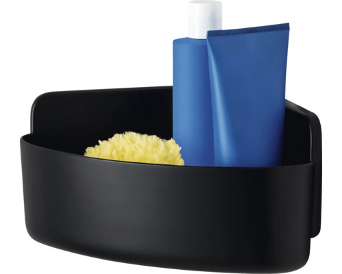 Svart hörnhylla med duschkräm, tub och svamp