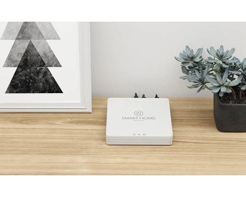 Smart Home centralenhet på ett bord med dekoration