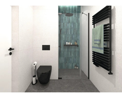 Modernt badrum med dusch, toalett och handdukstork