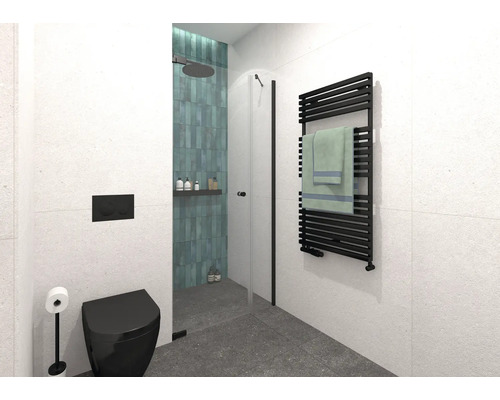 Modernt badrum med dusch, toalett och handdukstork