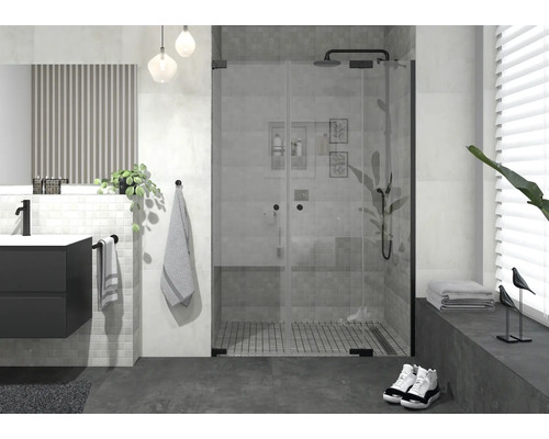 Modernt badrum med duschkabin, tvättställ och spegel