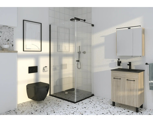 Modernt badrum med duschkabin, tvättställsskåp, spegelskåp och vägghängd toalett