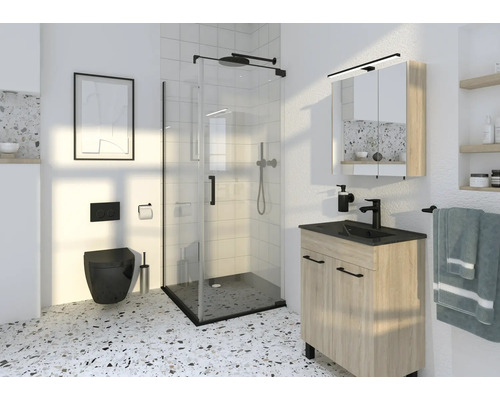 Modernt badrum med dusch, tvättställsskåp och vägghängd toalett.