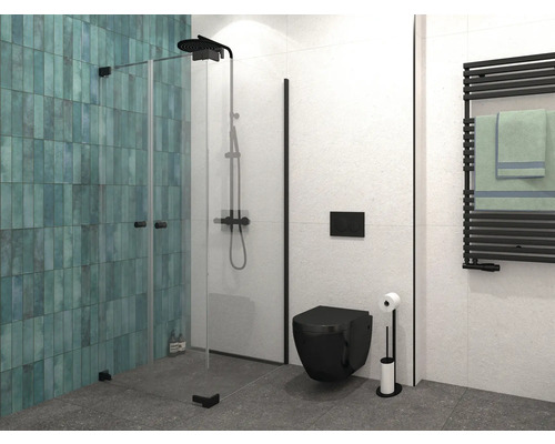 Modernt badrum med dusch, toalett och handdukstork