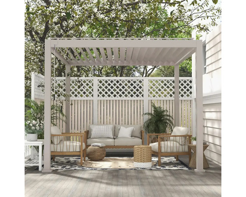 Utescen med pergola, sittplatser och dekorativa element