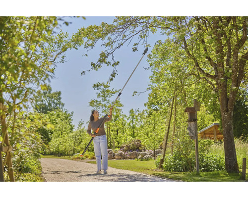 Kvinna använder en grensax med teleskopskaft i trädgården för att beskära grenar