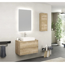 Modernt badrum med tvättställsskåp, tvättställsskål, spegelskåp och hängskåp i träimitation för en ljus och organiserad atmosfär