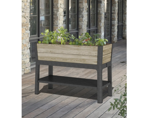 Planteringslåda i trä och plast med förvaringsutrymme för utomhusbruk