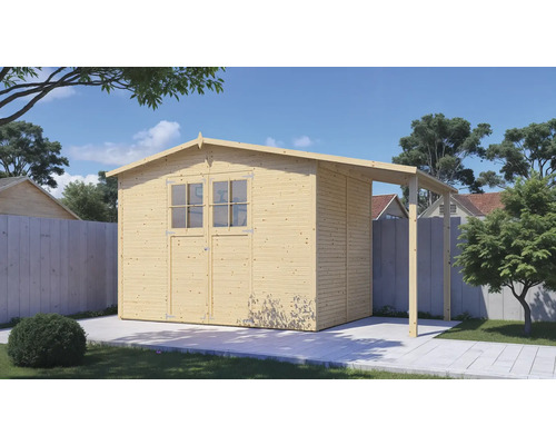 Trädgårdshus i trä med tak i trädgården