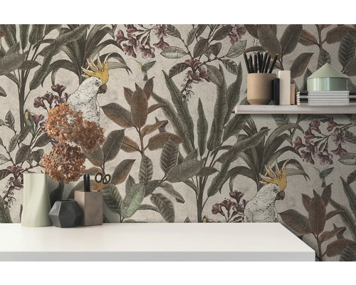 Tapet med växter, blommor och papegojor i interiör