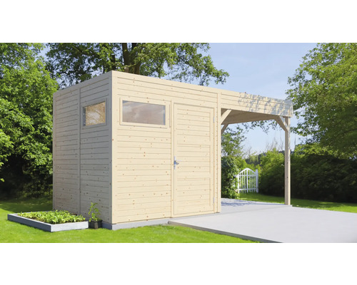 Trädgårdshus i trä med fönster, dörr och carport