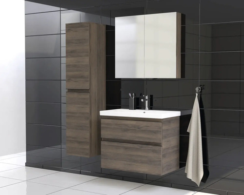 Modern badrumsmöbelset med tvättställsskåp, spegelskåp och högskåp