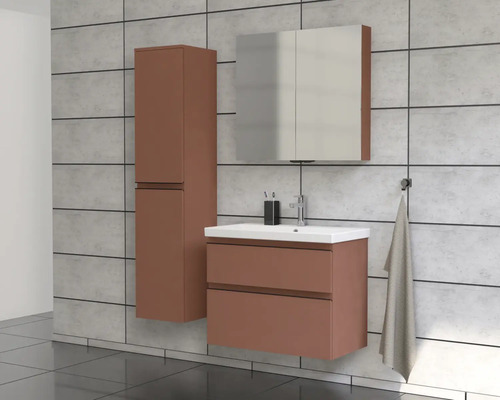 Badrum med tvättställsskåp, spegelskåp och högskåp