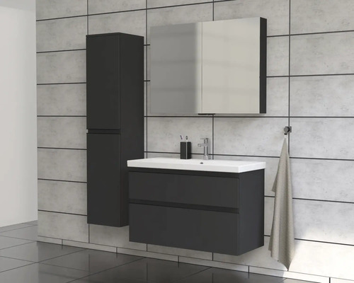 Badrum med tvättställsskåp, spegelskåp och högskåp