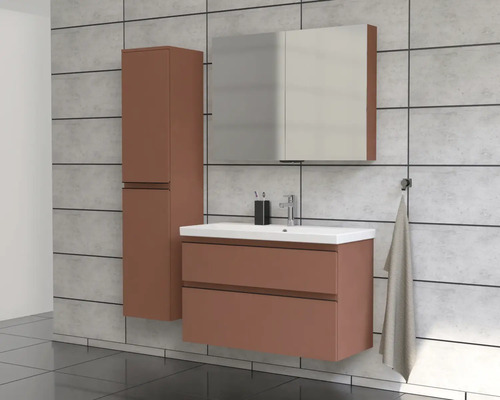 Badrum med tvättställsskåp, spegelskåp och högskåp