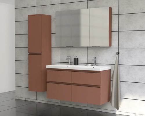 Modernt badrumsmöbelset med tvättställsskåp, spegelskåp och högskåp