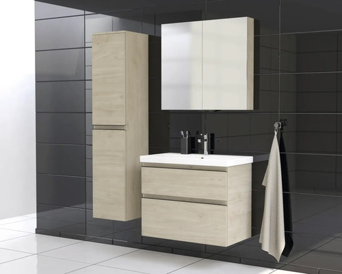 Badrumsmöbelset med tvättställsskåp, spegelskåp och högskåp i modern design