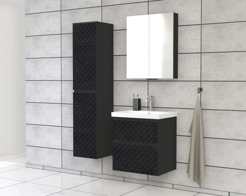 Badrum med tvättställsskåp, spegelskåp och högskåp i modern design